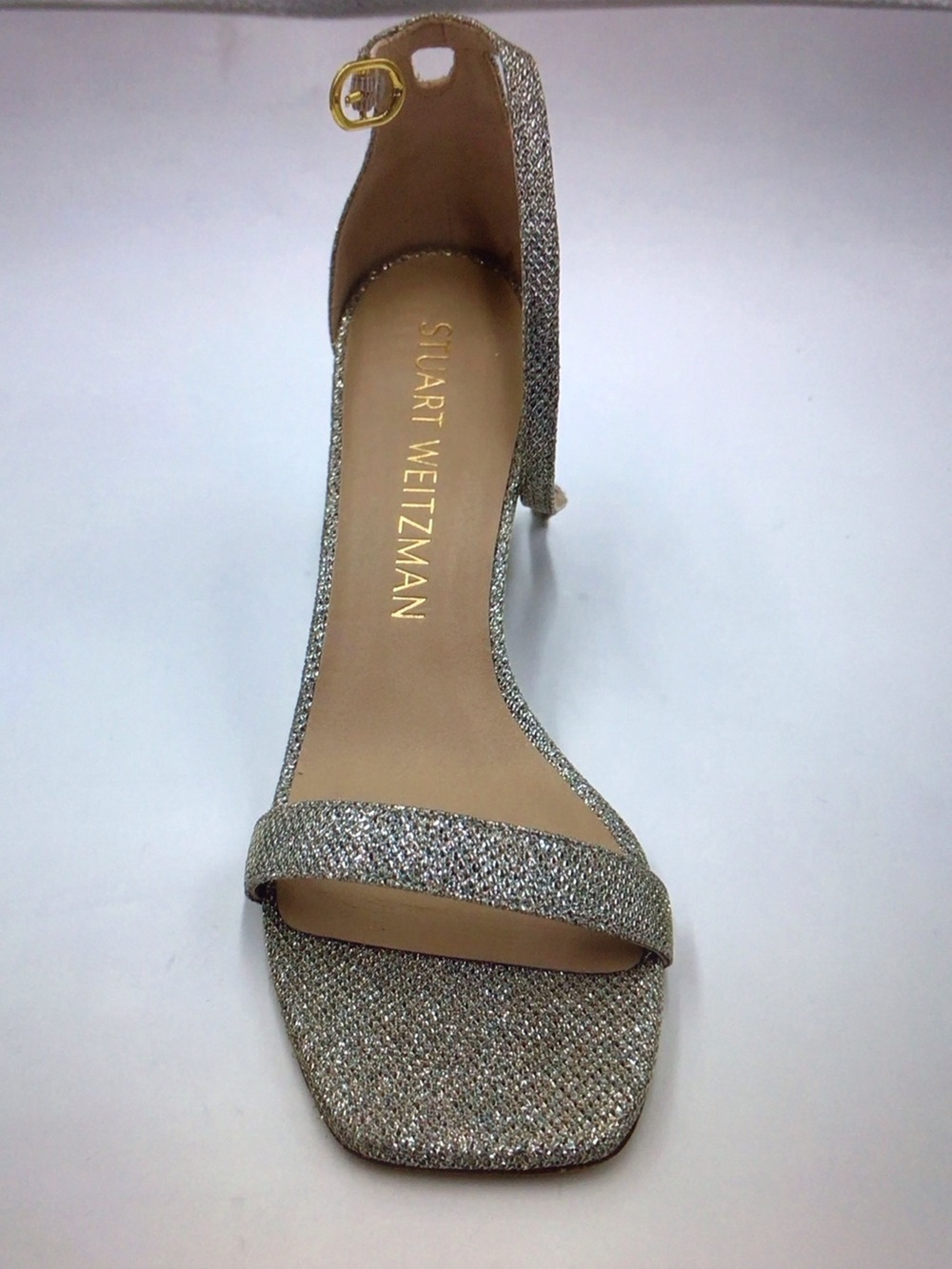Stuart Weitzman Glittery Silver Open-Toe Ankle-Strap Heels - Picture 4 of 9